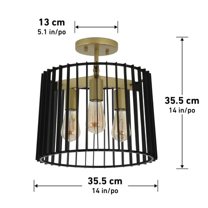 The Artika Gatsby flush mount light features three exposed bulbs, a gold base, and a cylindrical black metal cage. It measures 35.5 cm in width and height, with a 13 cm drop from ceiling to base.