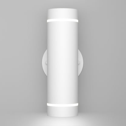 The Artika C7 indoor-outdoor LED wall light 3 CCT is a modern matte white cylindrical sconce with two thin illuminated bands near the top and bottom, mounted vertically on a circular base against a plain light gray background.