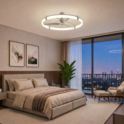 Modern bedroom with large bed, abstract art, plant, dusk city view, and Artika Sunnyvale 52″ LED ceiling fan with remote overhead.