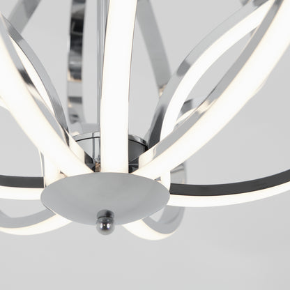 Close-up of the Artika Meridian LED pendant light, featuring curved chrome-finished arms and integrated LED strips, set against a white background—a striking piece of contemporary lighting.