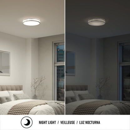 Split view of a bedroom shows the Artika Hemisphere 15 in. LED flush mount light with 5 CCT: left side brightly lit, right side in dim night-light mode. Text below reads Night Light / Veilleuse / Luz Nocturna.