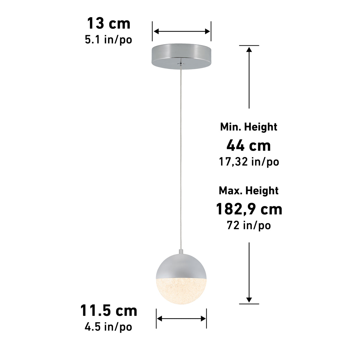 Artika Sparkle 1 Light LED Pendant features a 13 cm (5.1 in) canopy, an 11.5 cm (4.5 in) shade, and an adjustable hanging height from 44 cm (17.32 in) to 182.9 cm (72 in).