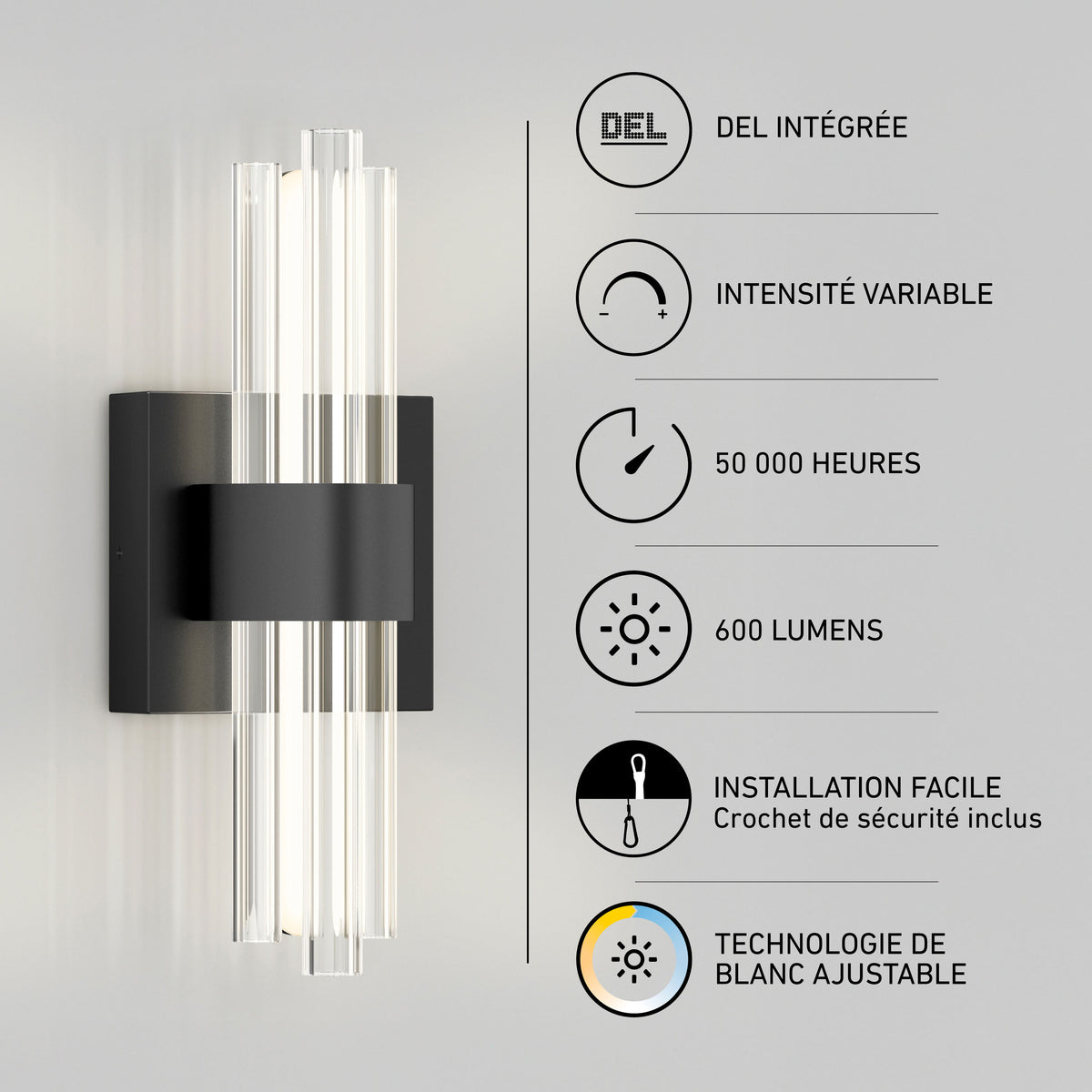 Artika Dorado contemporary LED wall sconce: black base, clear rods, 3 CCT selectable, dimmable, and sleek modern design.