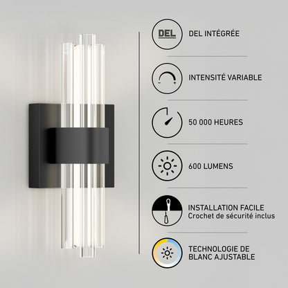 Artika Dorado contemporary LED wall sconce: black base, clear rods, 3 CCT selectable, dimmable, and sleek modern design.