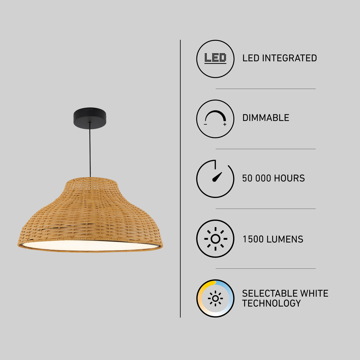 A woven rattan pendant light hangs from a black cord. To the right, icons show features: LED integrated, dimmable, 50,000 hours lifespan, 1,500 lumens, and selectable white technology.