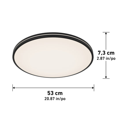 The Artika Athos 21 in. LED flush mount light features a round design with a black rim, measures 53 cm in diameter and 7.3 cm in height, and comes with a remote.