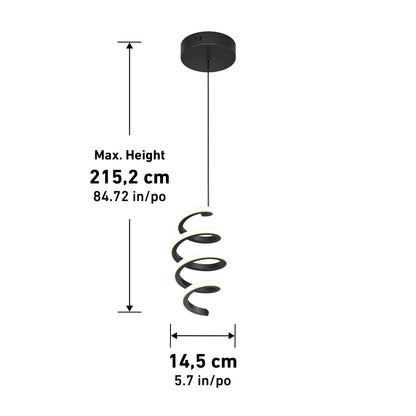 The Artika Chorus 1-light LED pendant features a black spiral design hanging from a ceiling mount, with a maximum height of 215.2 cm (84.72 in) and a spiral width of 14.5 cm (5.7 in), as shown by measurement arrows.
