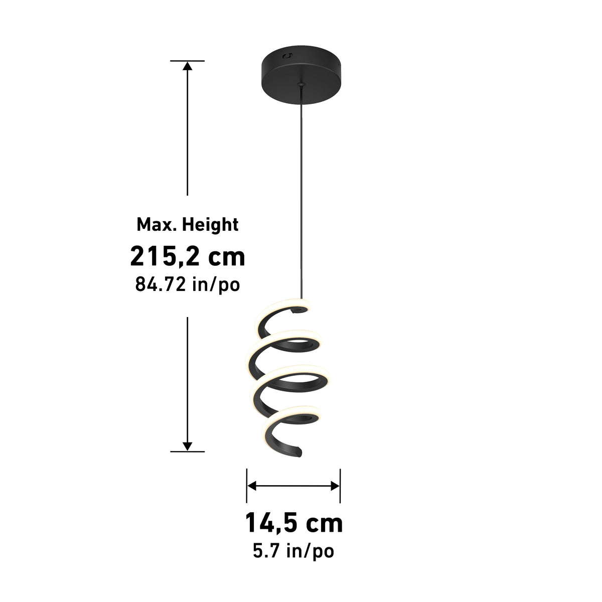 A black spiral pendant light hangs from a round ceiling mount with a max height of 215.2 cm (84.72 in) and a diameter of 14.5 cm (5.7 in), shown with measurement arrows.