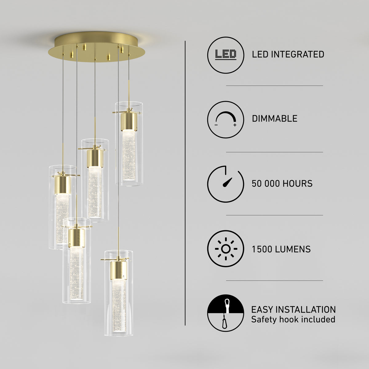 Modern gold chandelier with five cylindrical glass pendant lights. Features listed: LED integrated, dimmable, 50,000 hours lifespan, 1500 lumens brightness, and easy installation with safety hook included.