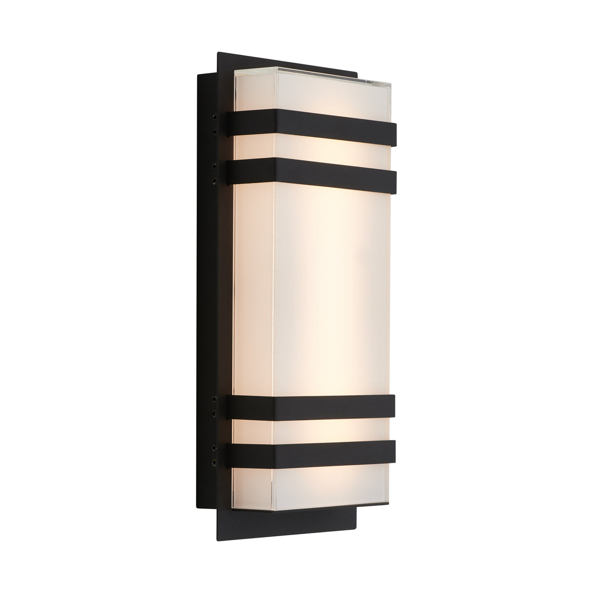 The Artika Glowbox 3 indoor-outdoor LED wall light features a modern rectangular design with frosted glass, three horizontal black metal bands, and a black backplate that softly diffuses the light.