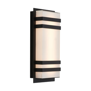 The Artika Glowbox 3 indoor-outdoor LED wall light features a modern rectangular design with frosted glass, three horizontal black metal bands, and a black backplate that softly diffuses the light.