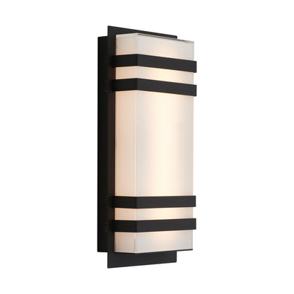 The Artika Glowbox 3 indoor-outdoor LED wall light features a modern rectangular design with frosted glass, three horizontal black metal bands, and a black backplate that softly diffuses the light.