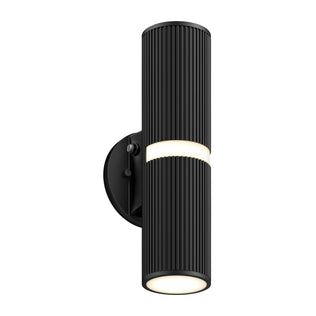 The Artika Groove LED indoor-outdoor wall light is a modern black cylindrical sconce with vertical grooves, emitting light from both the top and bottom, and is mounted on a round black base.