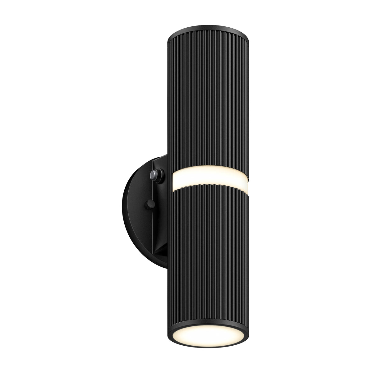 A modern black cylindrical wall sconce with vertical grooves, mounted on a round base. The light emits from both the top and bottom, as well as a narrow band around the center.
