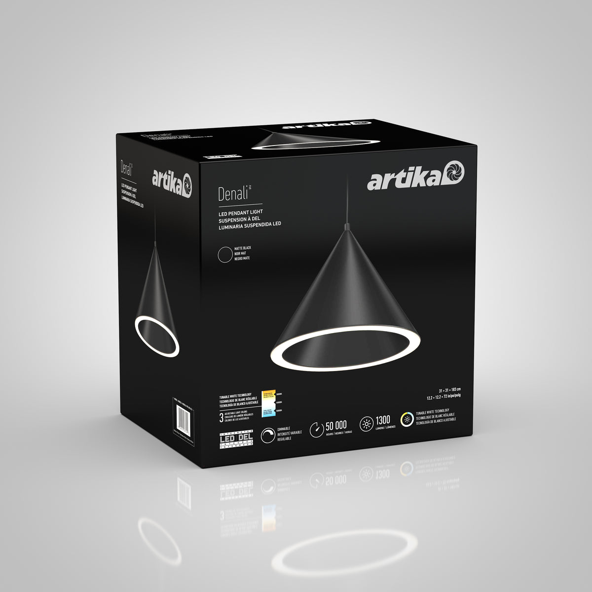 Black retail box for an Artika Denali LED pendant light. The box features an image of the modern circular light fixture, product details, LED lifespan, brightness, and branding on a minimal grey background.