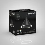 Black retail box for an Artika Denali LED pendant light. The box features an image of the modern circular light fixture, product details, LED lifespan, brightness, and branding on a minimal grey background.