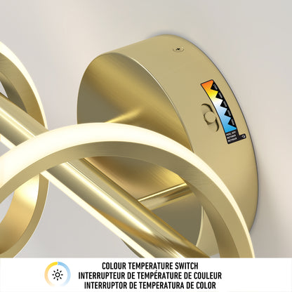Close-up of Artikas Coda modern LED bathroom vanity light 5 CCT, featuring a visible color temperature switch with settings from warm to cool. Below, Colour temperature switch appears in English, French, and Spanish.