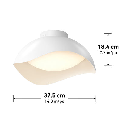 White dome-shaped dimmable Adara 15 in. (38 cm) Modern LED Flush Mount Ceiling Light 5 CCT, measuring 18.4 cm high and 37.5 cm wide.