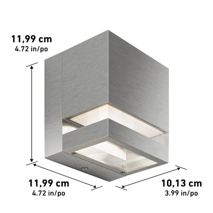 The Artika Valor Square LED indoor-outdoor wall light features a modern design in silver, measuring 11.99 cm (4.72 in) wide and high, and 10.13 cm (3.99 in) deep, with dimensions indicated by arrows.