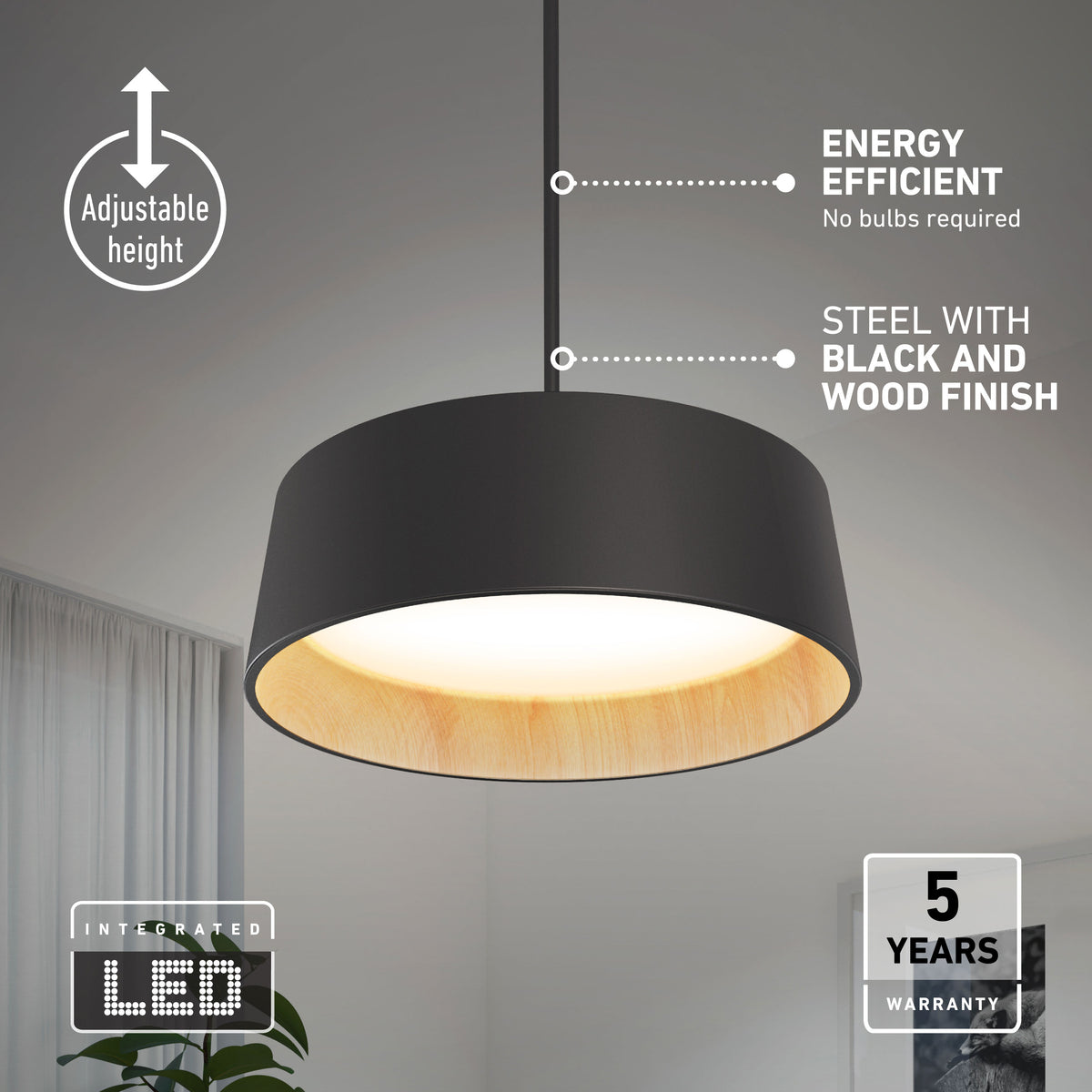 Artika Alton modern LED pendant light, 5 CCT, dimmable, adjustable height, energy efficient, with a 5-year warranty—sleek modern style.