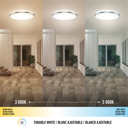 Three-paneled image of a room lit by the Artika Jupiter 23 in. LED flush mount light—with remote—shows warm white (3000K), neutral, and cool white (5000K) settings, with floor and walls appearing different under each temperature.