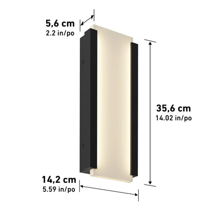 The Artika Blade indoor-outdoor LED wall light features black sides and a central illuminated panel. It measures 35.6 cm tall, 14.2 cm wide, and 5.6 cm deep, with all dimensions labeled on the image.