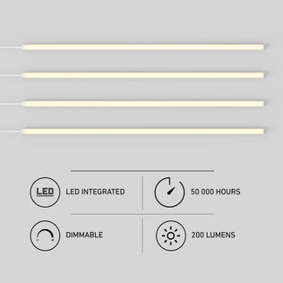 Four horizontal Lumilok LED bars by Artika: integrated LEDs, dimmable, 50K hours, 200 lm, remote for Sonolok.