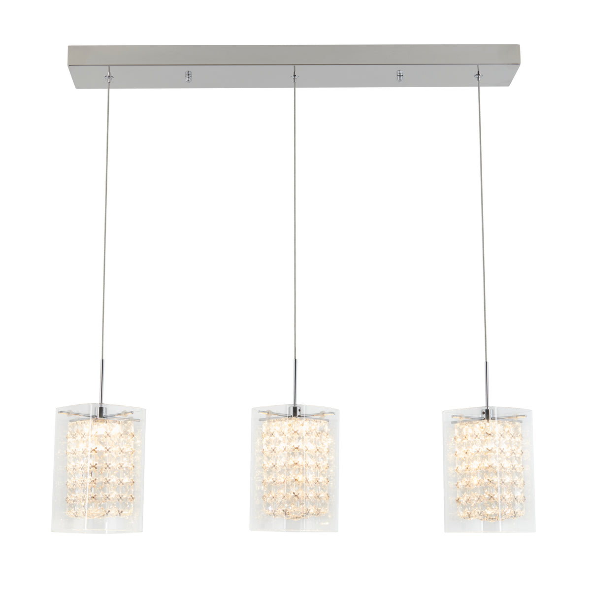 Three modern pendant lights with square, clear glass shades hang in a row from a rectangular metal ceiling mount. Each shade contains a cluster of sparkling crystal-like elements.