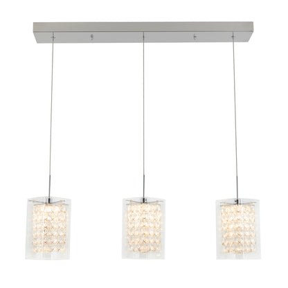 The Artika Crystal Cube 3-light LED pendant features three hanging lights with square glass shades and crystal accents, suspended from a rectangular chrome ceiling mount.