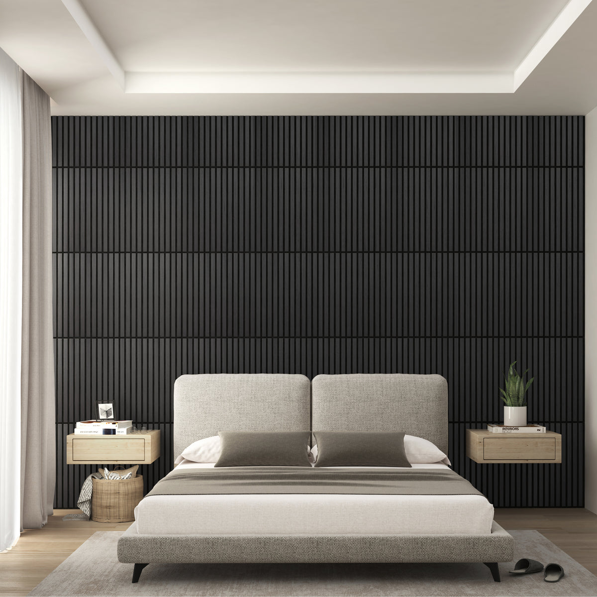 Modern bedroom with a beige upholstered bed, dark vertical slat accent wall, light wood nightstands with drawers, a woven basket, and sheer curtains. Minimalist decor with neutral tones and soft lighting.