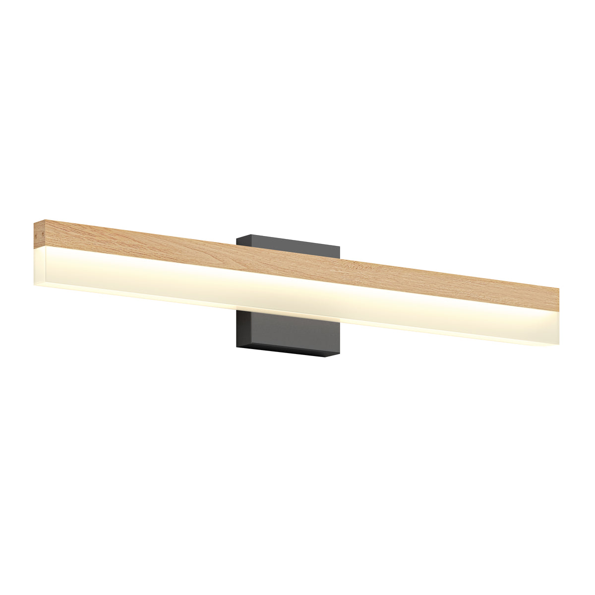 A modern wall-mounted light fixture with a long, horizontal wooden casing, a black rectangular base, and a diffused LED light strip along the bottom.