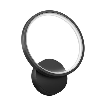The Artika Solis modern LED indoor-outdoor wall light 5 CCT features a sleek, circular black frame and round base with an angled light ring for a contemporary, minimalist look.