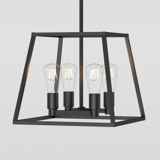 Artika Carter Square 4-light chandelier: black geometric frame, four exposed bulbs, ceiling rod mount.
