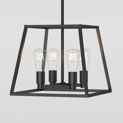 The Artika Carter Square 4-light Chandelier features a modern geometric open cube design with a black metal frame and four exposed Edison-style bulbs.