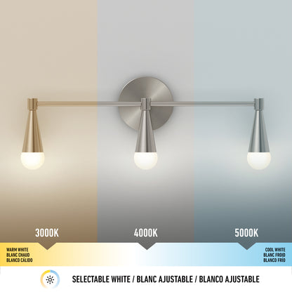 The Artika Wayden LED mid-century bathroom vanity light 3 CCT features three bulbs, each emitting a different color temperature—3000K, 4000K, and 5000K—with matching colored backgrounds.