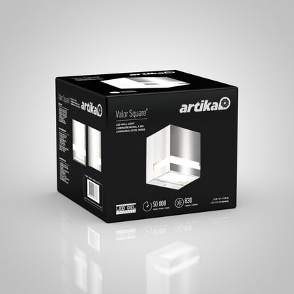 Black box for Artika Valor Square LED indoor-outdoor wall light. The packaging features the square fixture image and highlights 50,000-hour lifespan, 830 lumens, and LED technology in white text.
