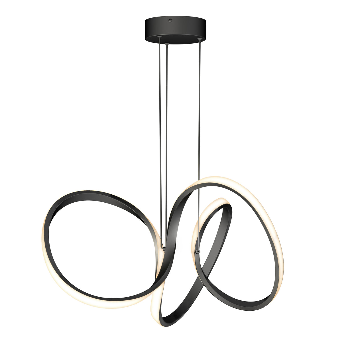 Modern pendant light fixture with three interlocking black loops, each outlined with a glowing LED strip, suspended from a round black ceiling mount by two thin cables.