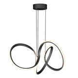 Modern pendant light fixture with three interlocking black loops, each outlined with a glowing LED strip, suspended from a round black ceiling mount by two thin cables.