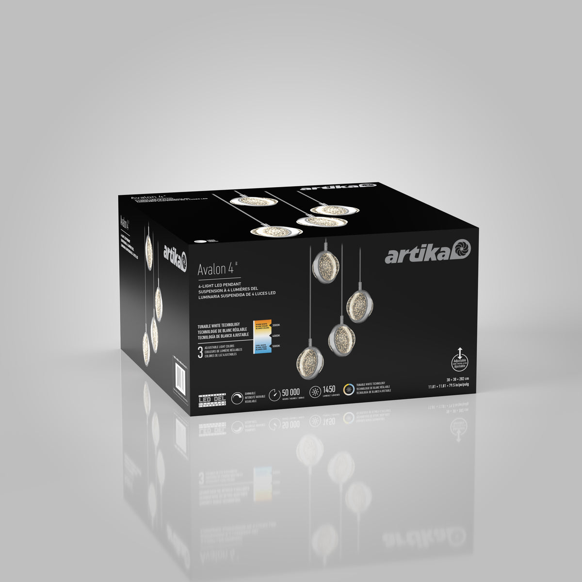 A black box of Artika Avalon 4 pendant light fixtures is shown, featuring an image of the four hanging lights on the front and side, along with product details and specifications in white text.