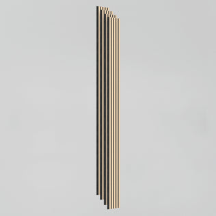 The Artika Sonolok sound-absorbing wall panel kit features evenly spaced, parallel black and beige striped rods in a staggered arrangement on a plain white background, creating a minimalist geometric design.