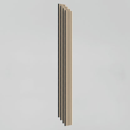 The Artika Sonolok sound-absorbing wall panel kit features evenly spaced, parallel black and beige striped rods in a staggered arrangement on a plain white background, creating a minimalist geometric design.