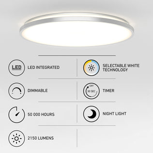 The Artika Europa 21 in. LED modern flush mount light is shown with icons highlighting its integrated LED, dimmable function, 50,000-hour lifespan, 2150 lumens, selectable white technology, timer, night light mode, and included remote.