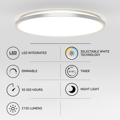 The Artika Europa 21 in. LED modern flush mount light is shown with icons highlighting its integrated LED, dimmable function, 50,000-hour lifespan, 2150 lumens, selectable white technology, timer, night light mode, and included remote.