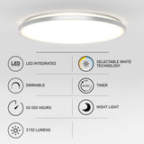 Round ceiling LED light fixture with icons and text highlighting features: LED integrated, dimmable, 50,000 hours lifespan, 2150 lumens, selectable white technology, timer, and night light mode.