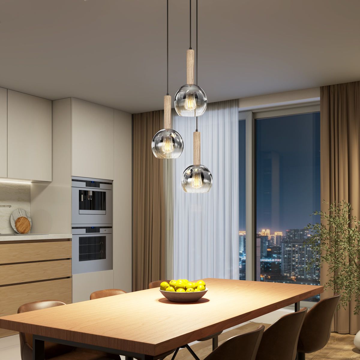 A modern dining room features a wooden table, brown chairs, a bowl of lemons, a large window with a night city view, and the Artika Ardel Spiral 3-Light Pendant without bulbs hanging overhead.