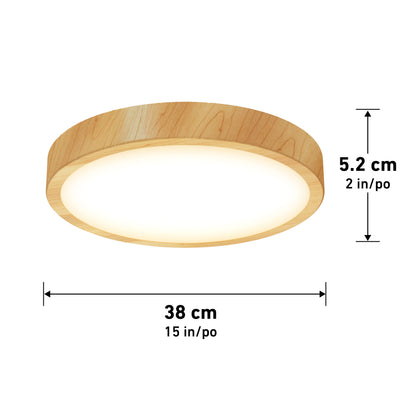 The Artika Dryad 15 in. LED Modern flush mount light features a wooden frame and emits a soft glow. Measuring 38 cm (15 in) wide and 5.2 cm (2 in) high, it includes measurement arrows indicating its dimensions.
