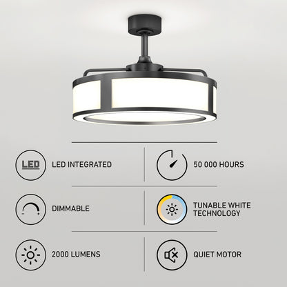 The Artika Huxley 23 in. LED modern ceiling fan features 3 speeds, dimmable tunable white lighting, 2000 lumens, a quiet motor, and a 50,000-hour lifespan, shown with feature icons and descriptions on a white background.