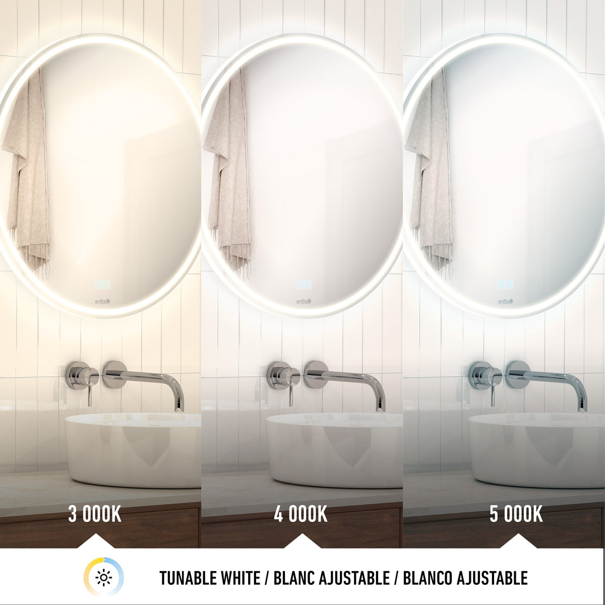 A round bathroom mirror above a sink is shown with three different LED light settings: warm (3000K), neutral (4000K), and cool white (5000K). The image displays how each color temperature affects the room.