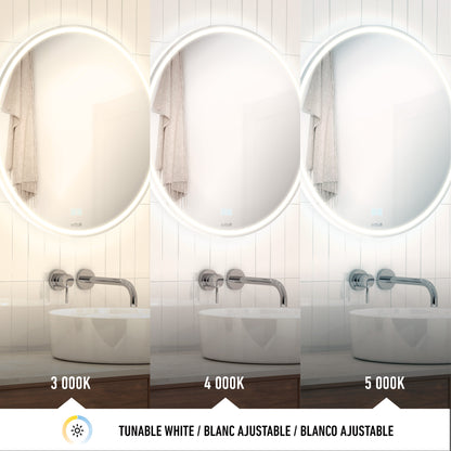 The Artika Emeraude anti-fog LED wall mirror features adjustable lighting with three color temperatures—3000K, 4000K, and 5000K—making it perfect for installation above a sink and wall-mounted faucet.
