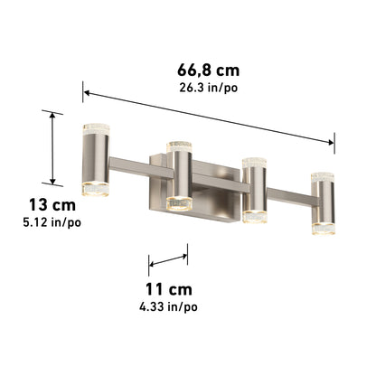 The Artika Mist modern LED bathroom vanity light 5 CCT features a rectangular brushed metal design with four cylindrical lights, measuring 66.8 cm wide, 13 cm tall, and 11 cm deep.